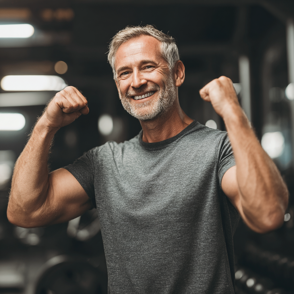 Confident middle-aged person celebrating fitness achievements after training session