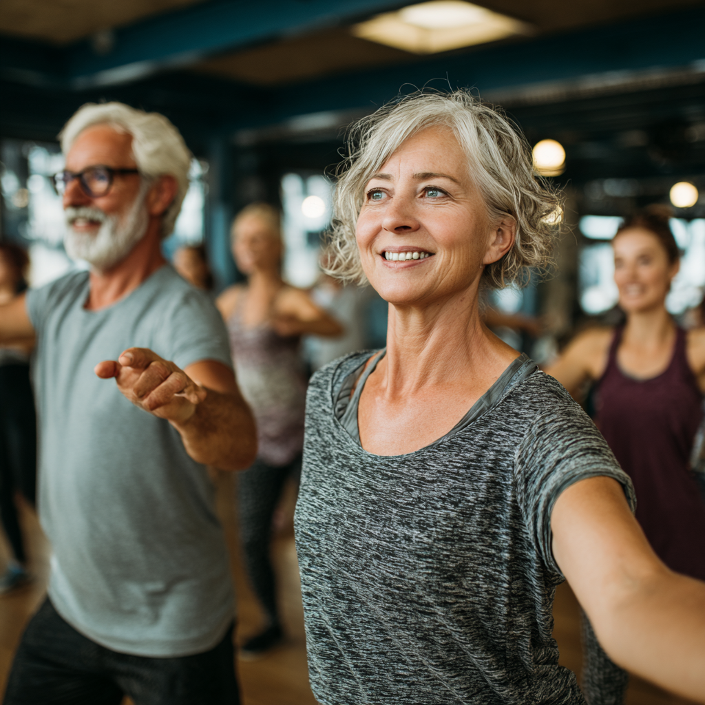 Middle-aged adults exercising together in a comfortable fitness environment